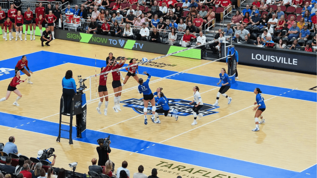 indoor volleyball nets and pole set in use with athletes playing